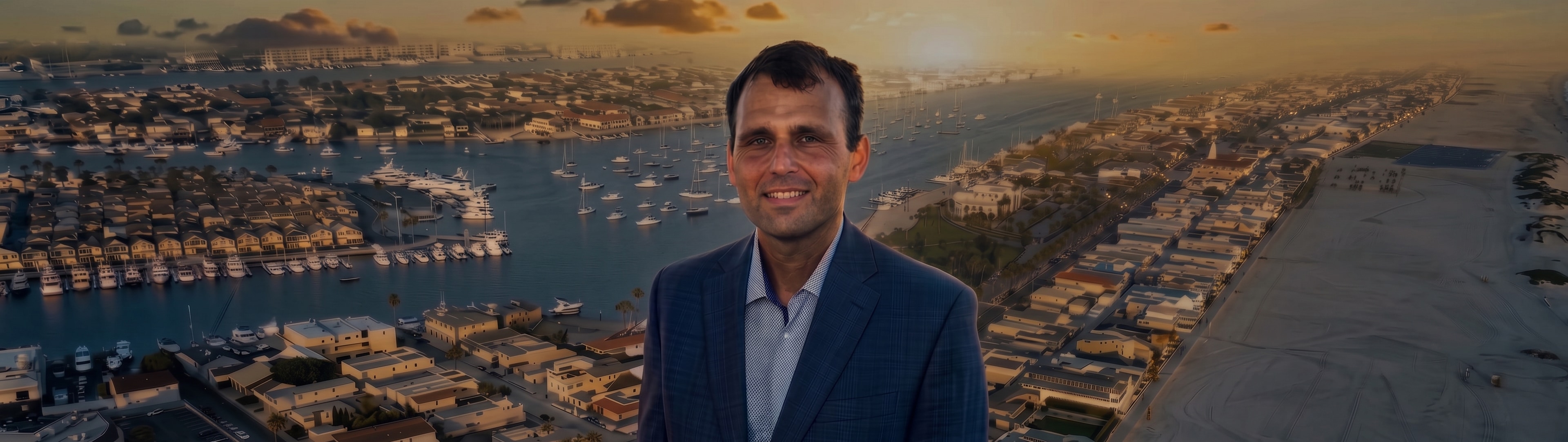 Nicholas Pardini above Newport Beach harbor at golden hour